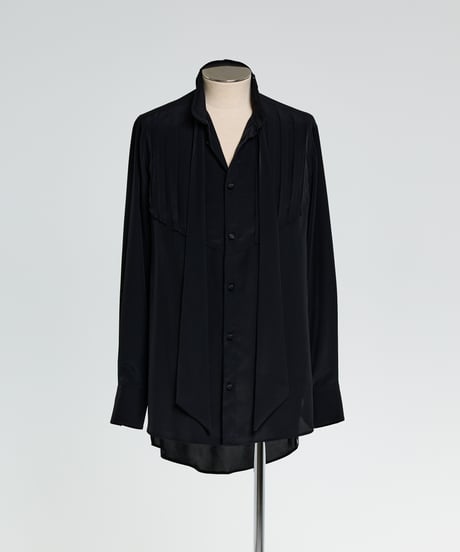Pin Tuck Ribbon Shirt-BLACK