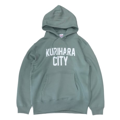 KURIHARA CITY 10.0オンス裏起毛プルオーバー パーカ（スモーキーグリーン）