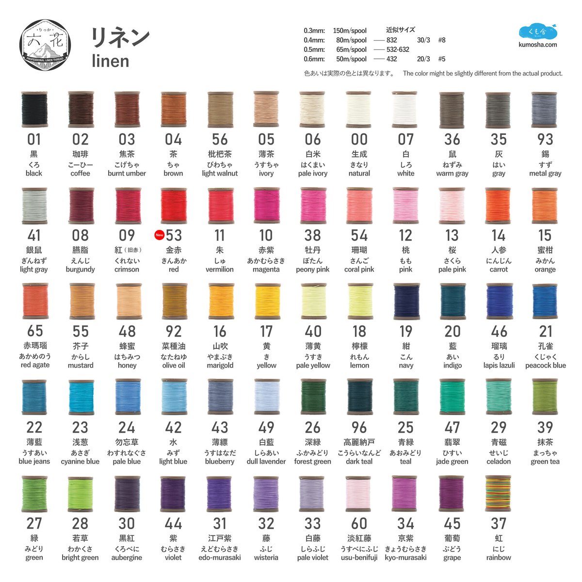 六花リネン糸 4サイズ＋61色サンプル | レザークラフト用 六花糸ストア