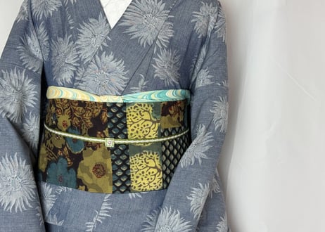 きりばめ半巾帯＜インド更紗 蒼と青＞