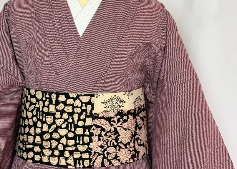 きりばめ半巾帯＜インド更紗 food＆flowerブラック＞ | KIMONO SMILE