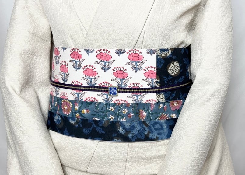 きりばめ半巾帯＜インド更紗 ブルーピンク＞ | KIMONO SMILE