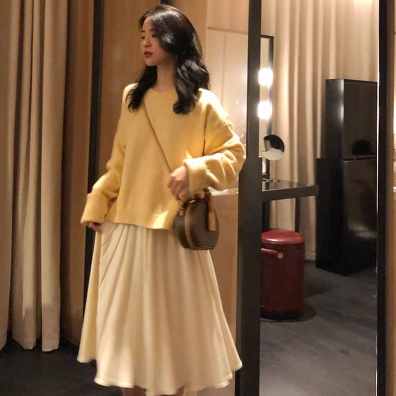 ハニーイエローニットシフォンスカートセットアップ | Lily prier