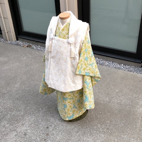 オフシーズンSALE！【1月～8月の3泊4日レンタル】男女兼用3歳着物・被布フルセット＜マーガレット・ターコイズカラー＞