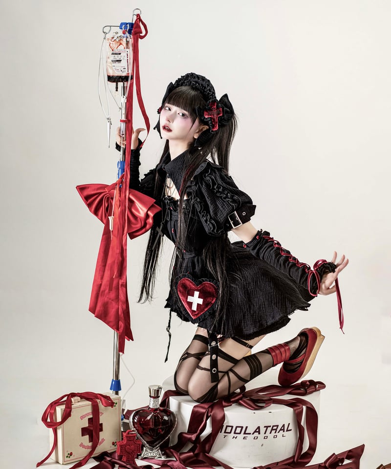 新品　タグ付き　DarkRedRUM　廃退　ダメージ　姫袖カーデ　コルセット付き 退廃ガーゼナースセットアップ》BLACK | HIDOLATRAL THEODOL