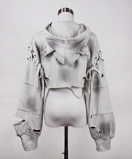 再販《ダメージショート猫耳パーカー》I.GRAY