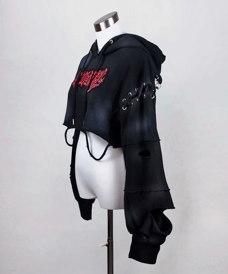再販《ダメージショート猫耳パーカー》BLACK
