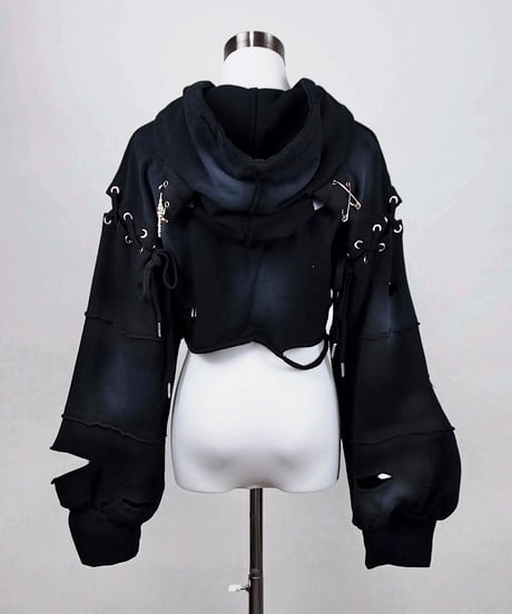 再販《ダメージショート猫耳パーカー》BLACK