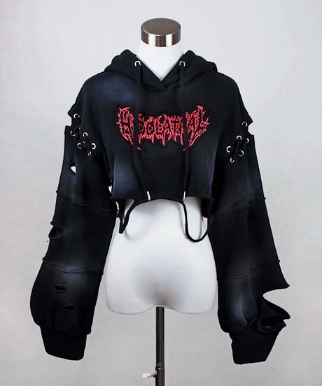 再販《ダメージショート猫耳パーカー》BLACK