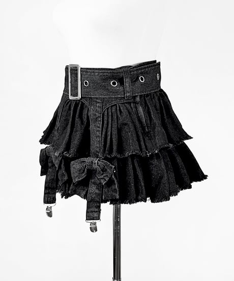 《リボンガーターデニムスカート》BLACK