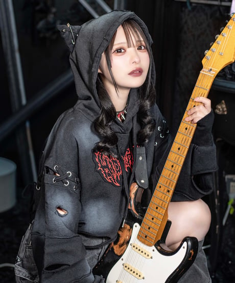 再販《ダメージショート猫耳パーカー》BLACK