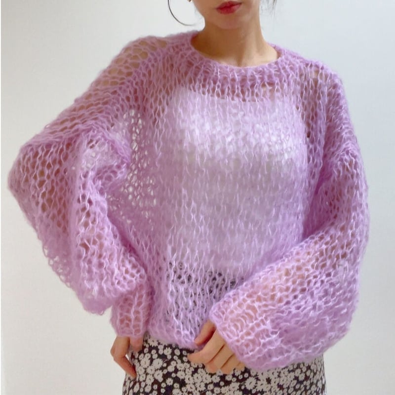 kone モヘア 2-tone pullover ピンク・ブルー Long-sleeved crew neck sweater with chevron pattern