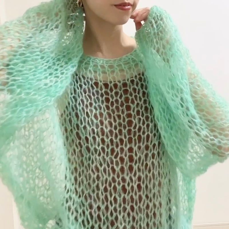 ヴィンテージモヘア　ハンドニット❗️ハイネック【アメリカ古着】超美品！真珠　緑 モヘアブレンド オーバーサイズセーター - ダークブラウン