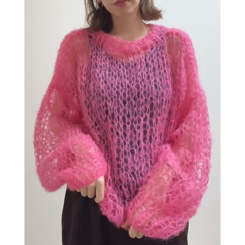 イタリア製 vintage モヘア ウールニット pink ヴィンテージ モヘアウール ロングヘアー Vネックニット【Unknown