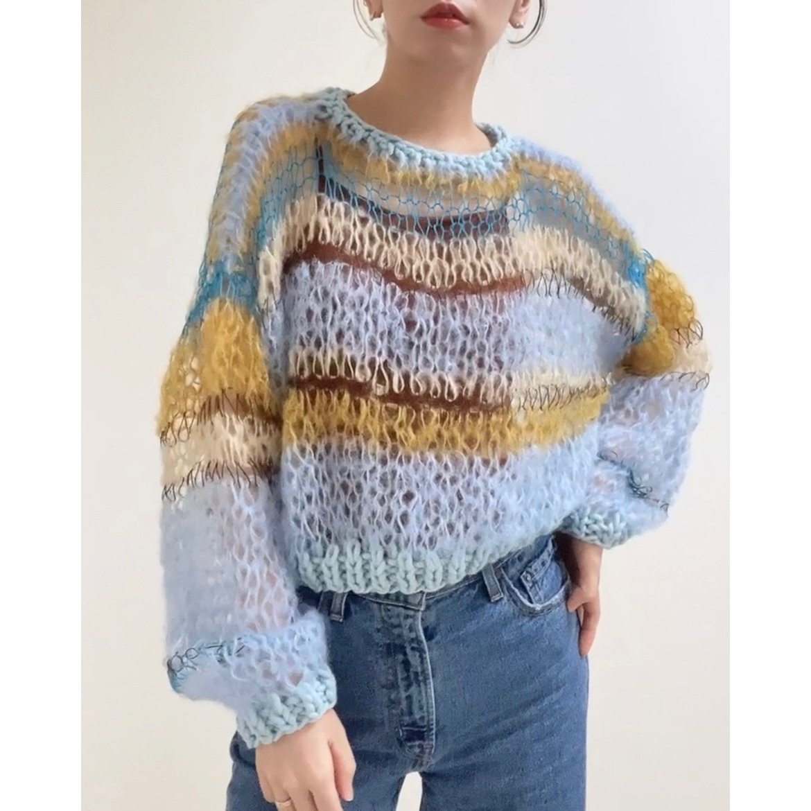 超美品　手編み　青(柄はネイビー)長袖モヘヤニットセーター　M fit=scale-down,w=1200