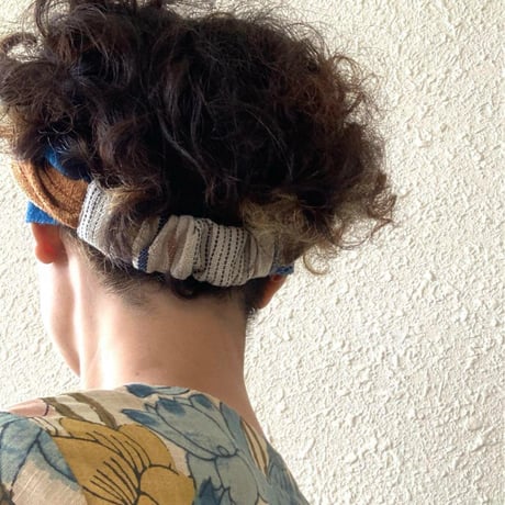 手紡ぎ手織り綿花　/arrange ribbon turban /  藍染　泥染め　草木染め
