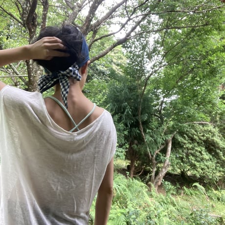 限定一枚 / 日本製 organic linen / wide ribbon turban / 藍鉄色×check