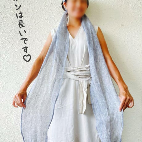尾州リネンメッシュ　藍　/ arrange long ribbon turban