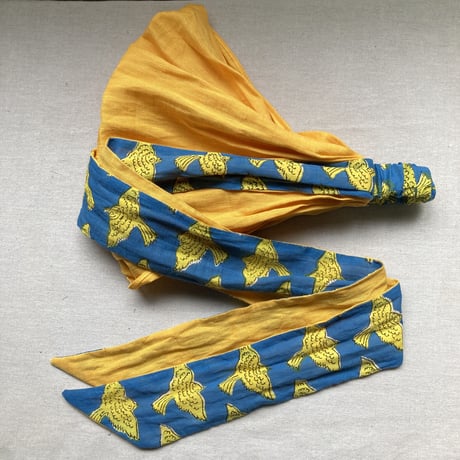 hand block print × 日本製 organic linen / arrange long ribbon turban
