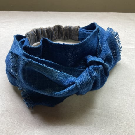 手紡ぎ　手織り　藍染め / ribbon turban