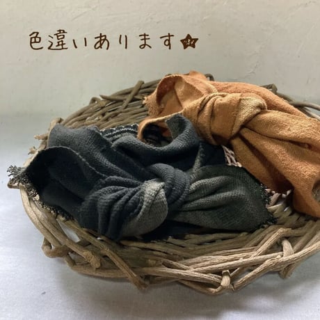 手紡ぎ　手織り　泥染め /  ribbon turban
