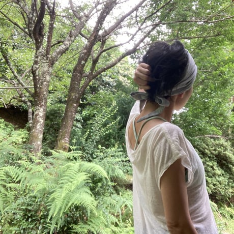 日本製 organic linen / ribbon turban / right blue gray