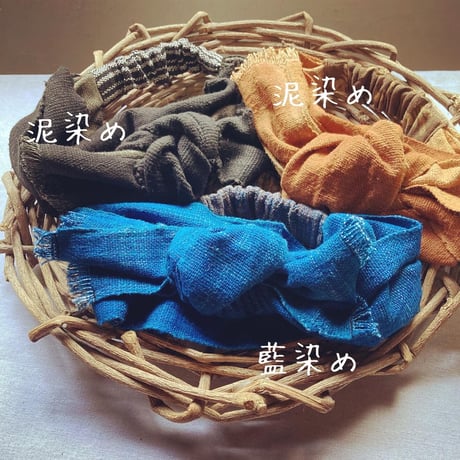 手紡ぎ　手織り　藍染め / ribbon turban