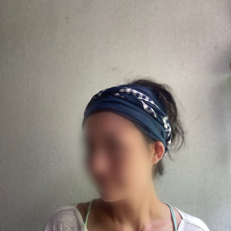 限定一枚 / 日本製 organic linen / wide ribbon turban / 藍鉄色×check
