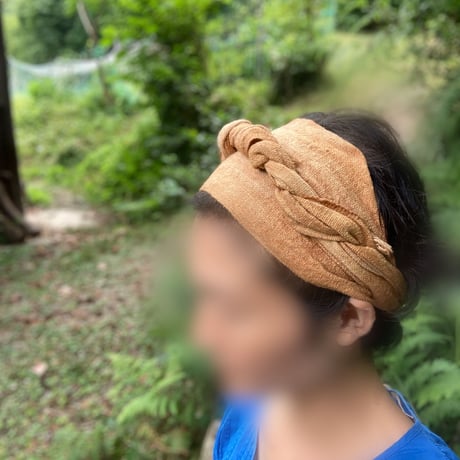 手紡ぎ　手織り　泥染め / ribbon turban