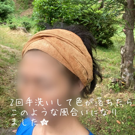 手紡ぎ　手織り　泥染め / ribbon turban
