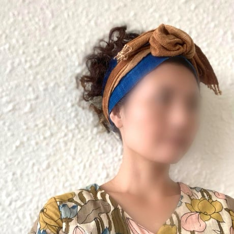 手紡ぎ手織り綿花　/arrange ribbon turban /  藍染　泥染め　草木染め