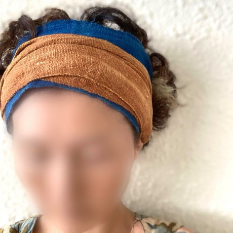 手紡ぎ手織り綿花　/arrange ribbon turban /  藍染　泥染め　草木染め