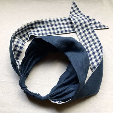限定一枚 / 日本製 organic linen / wide ribbon turban / 藍鉄色×check