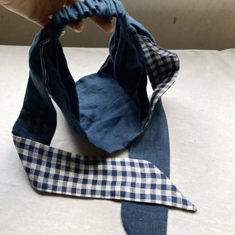 限定一枚 / 日本製 organic linen / wide ribbon turban / 藍鉄色×check