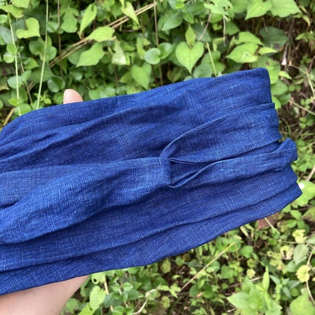 日本製 organic linen / arrange ribbon turban / 藍染め
