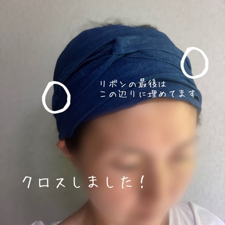 日本製 organic linen / arrange ribbon turban / 藍染め