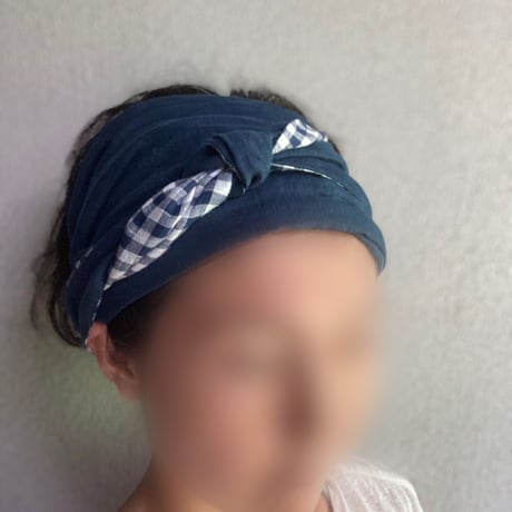 限定一枚 / 日本製 organic linen / wide ribbon turban / 藍鉄色×check