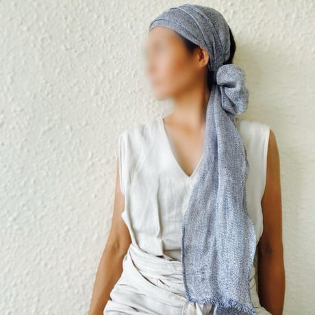 尾州リネンメッシュ　藍　/ arrange long ribbon turban