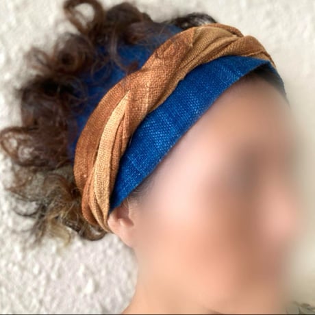 手紡ぎ手織り綿花　/arrange ribbon turban /  藍染　泥染め　草木染め