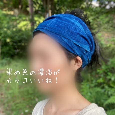 手紡ぎ　手織り　藍染め / ribbon turban