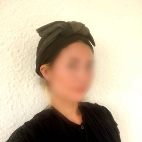 手紡ぎ　手織り　泥染め /  ribbon turban