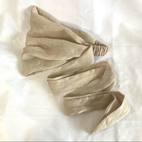 silk linen 細リボン/ arrange long ribbon turban / Greige