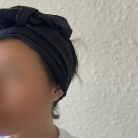 organic linen/ arrange long ribbon turban/ BLACK