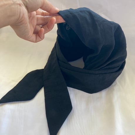 organic linen/ arrange long ribbon turban/ BLACK