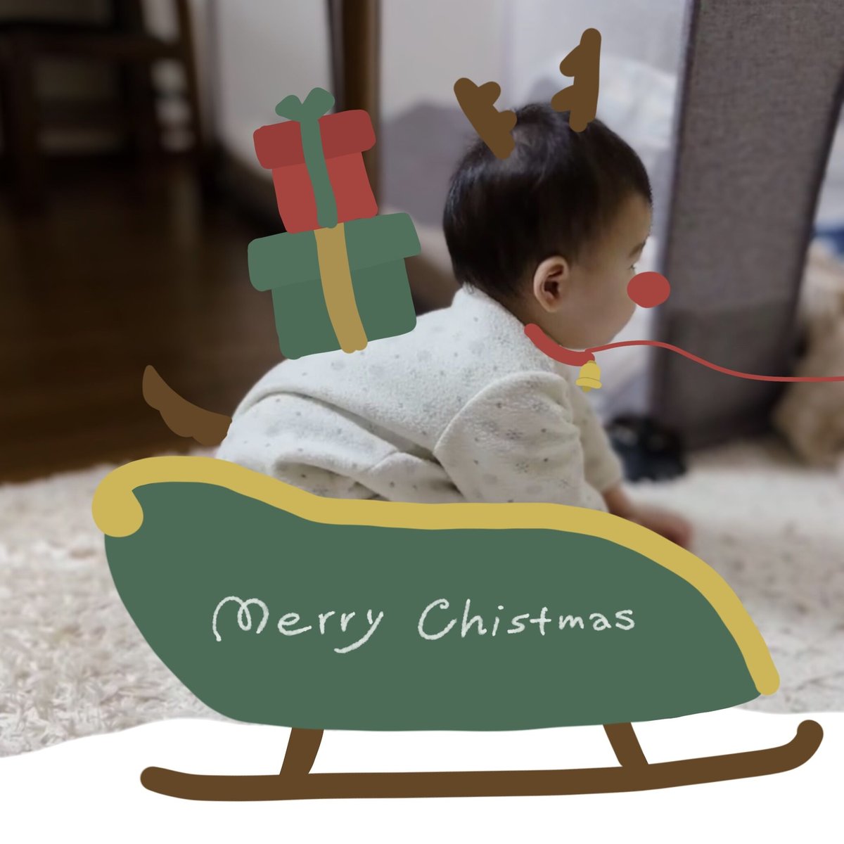 赤ちゃんの写真に使える】クリスマスのスタンプ（トナカイ-ハイハイ