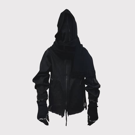 Hooded Long Muffler With Damaged(CLASSIC WOOL)BLACK