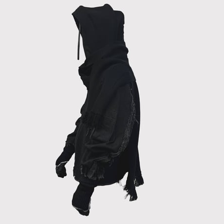 Hooded Long Muffler With Damaged(CLASSIC WOOL)BLACK