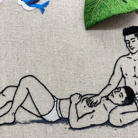 Gay embroidery art "Boys and blue birds"
