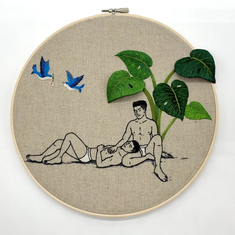 Gay embroidery art "Boys and blue birds"