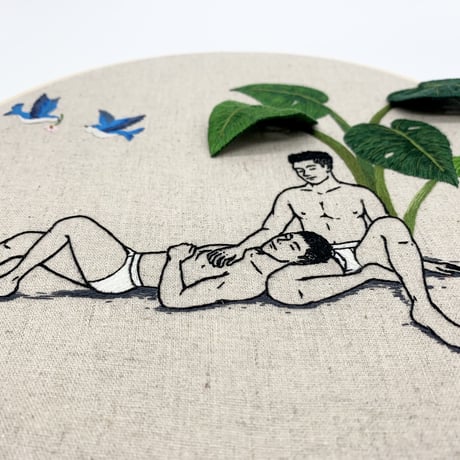 Gay embroidery art "Boys and blue birds"